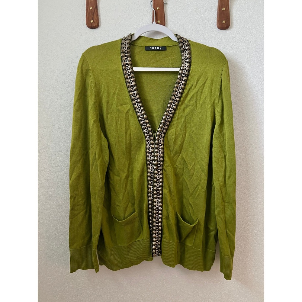 Chaus Cardigan Sweater Womens L‎ Long Sleeve Open Front Beaded Embellished Green
